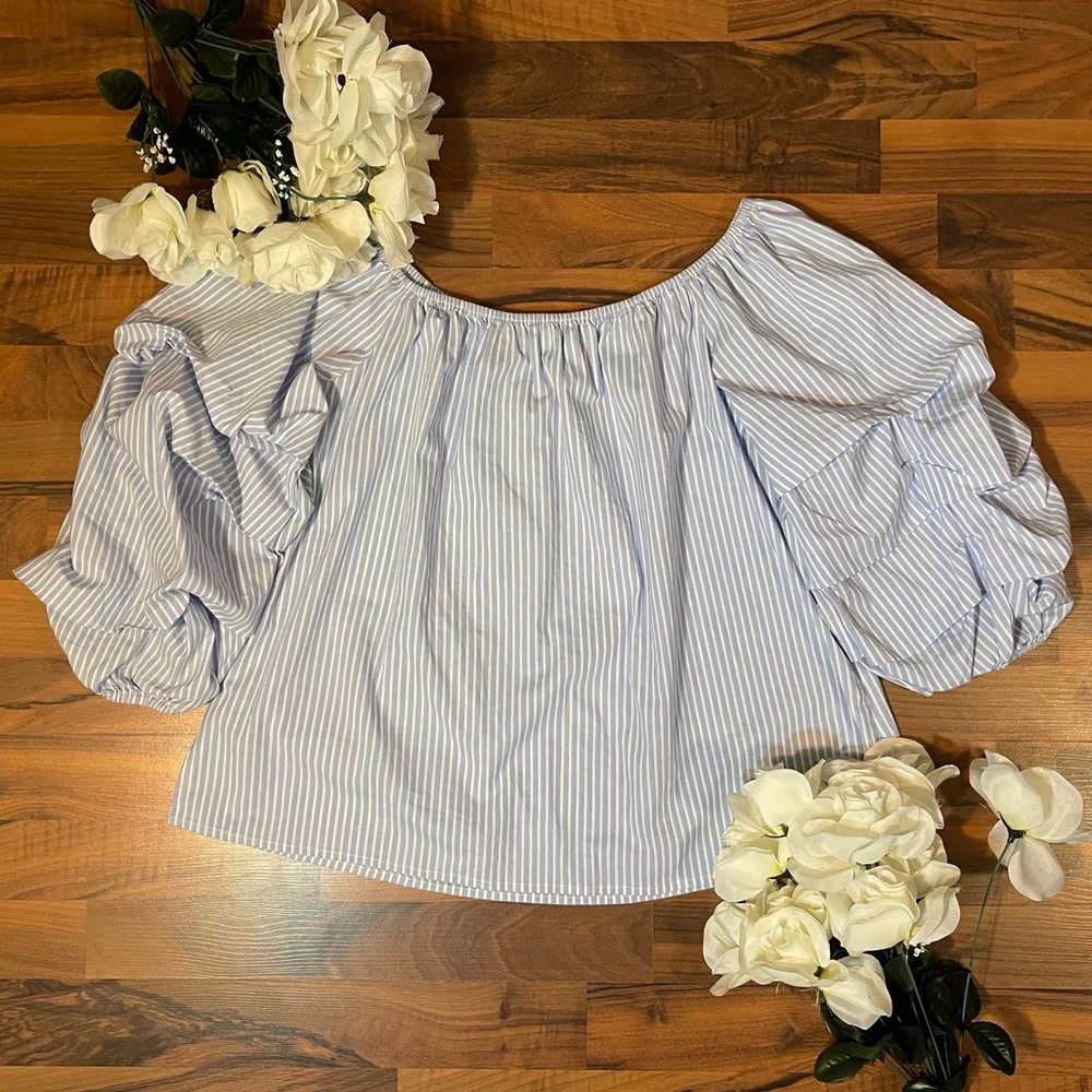 • Avec Les Filles • Puffed Sleeve Striped Top | Size Large